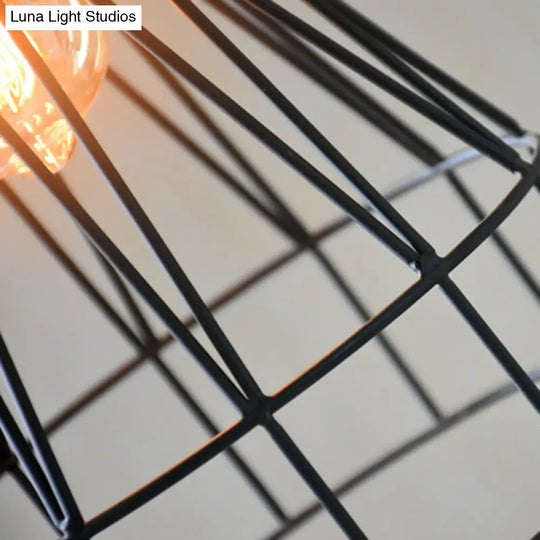 Modern Geometric Wire Cage Pendant Light With Wooden Top 1-Light Black