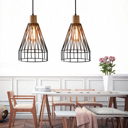 Modern Geometric Wire Cage Iron Pendant Lamp With Wooden Top - 12’/13’ H 1-Light Black Bedroom