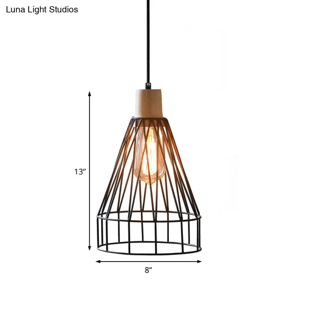 Modern Geometric Wire Cage Pendant Light With Wooden Top 1-Light Black