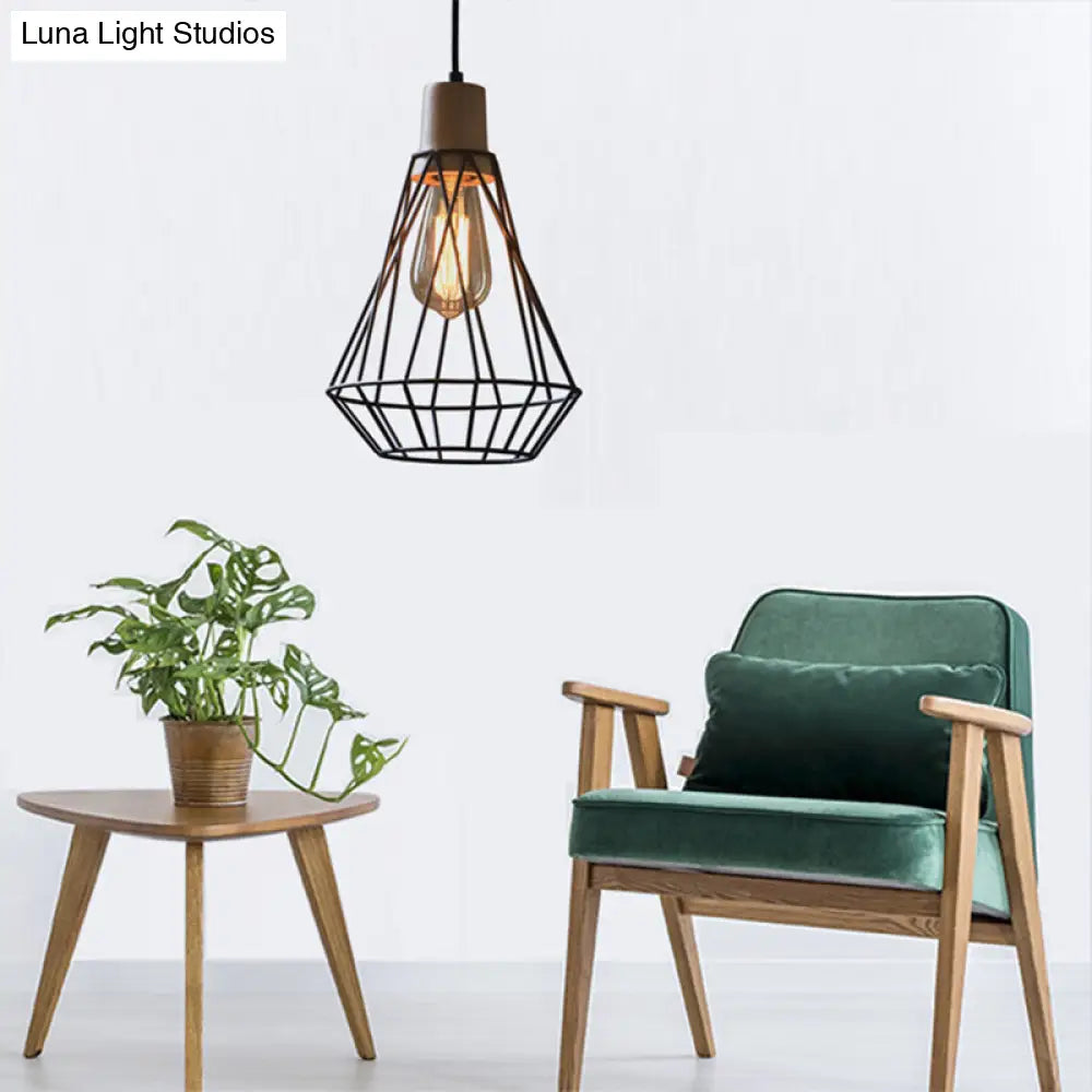 Modern Geometric Wire Cage Pendant Light With Wooden Top 1-Light Black