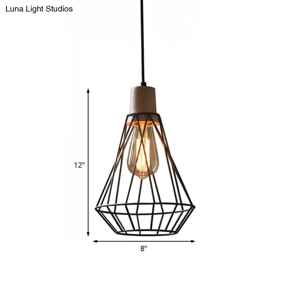 Modern Geometric Wire Cage Iron Pendant Lamp With Wooden Top - 12’/13’ H 1-Light Black Bedroom