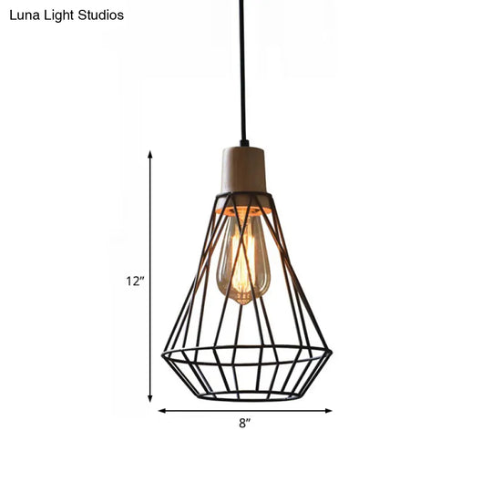 Modern Geometric Wire Cage Iron Pendant Lamp With Wooden Top - 12’/13’ H 1-Light Black Bedroom