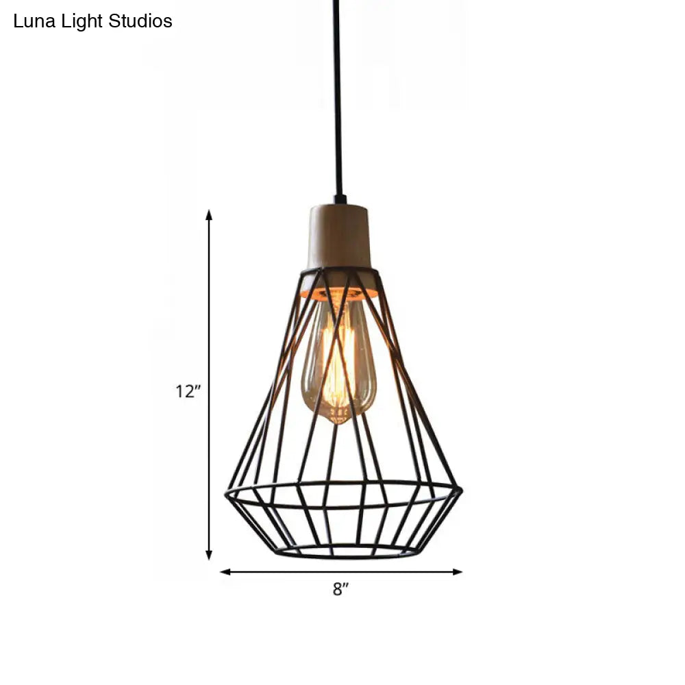 Modern Geometric Wire Cage Pendant Light With Wooden Top 1-Light Black