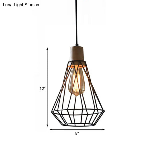 Modern Geometric Wire Cage Pendant Light With Wooden Top 1-Light Black