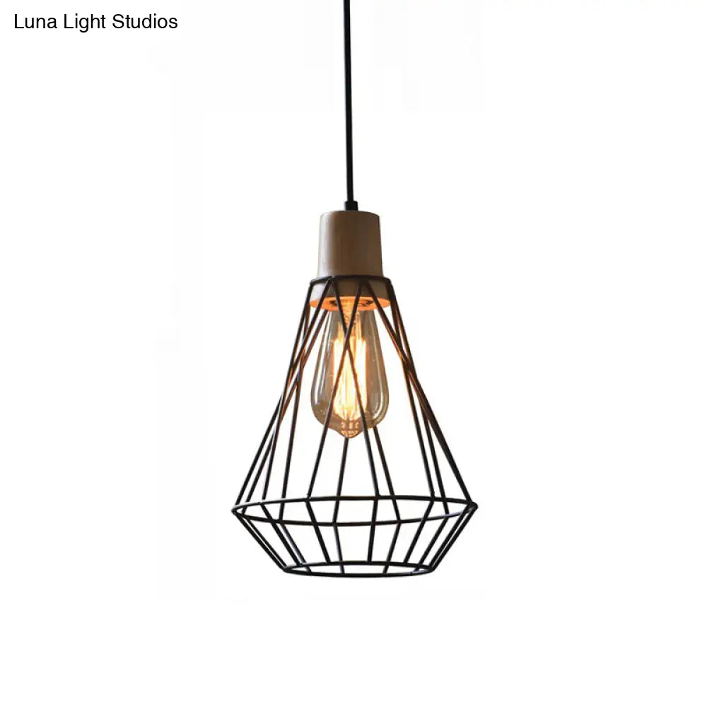 Modern Geometric Wire Cage Iron Pendant Lamp With Wooden Top - 12’/13’ H 1-Light Black Bedroom