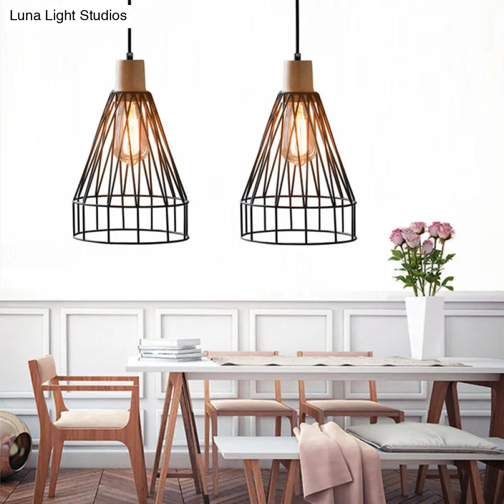 Modern Geometric Wire Cage Pendant Light With Wooden Top 1-Light Black / 13