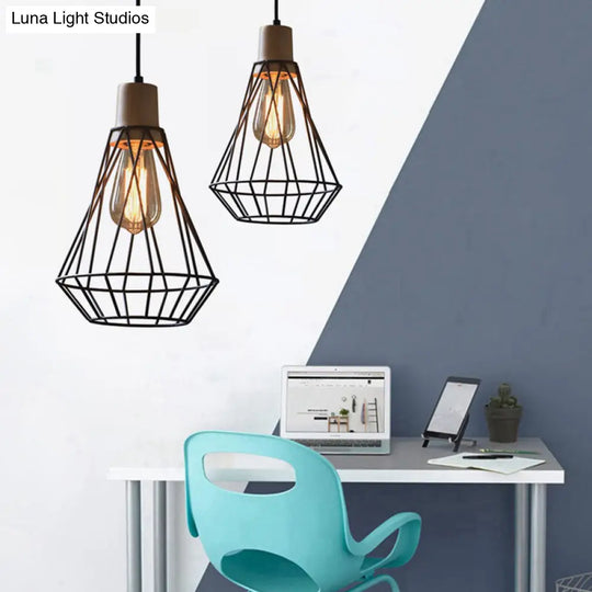 Modern Geometric Wire Cage Pendant Light With Wooden Top 1-Light Black / 12