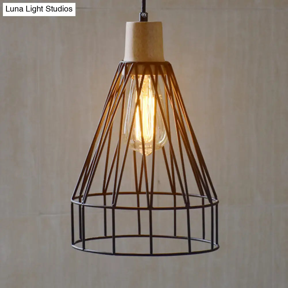 Modern Geometric Wire Cage Pendant Light With Wooden Top 1-Light Black