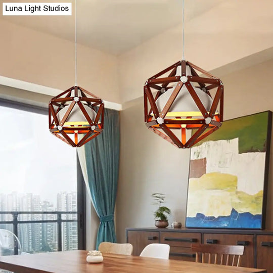 Modern Wood Geometric Kitchen Hanging Light With Metal Shade - 1-Light Pendant In Light/Dark Brown