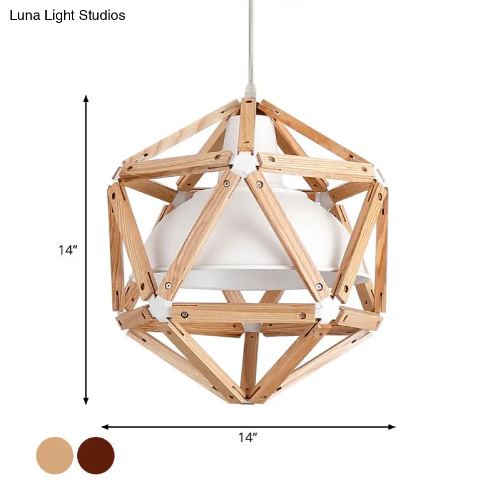 Modern Wood Geometric Kitchen Hanging Light With Metal Shade - 1-Light Pendant In Light/Dark Brown
