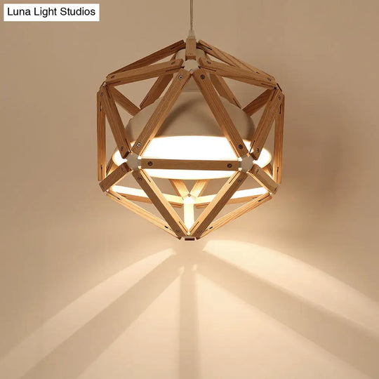 Modern Wood Geometric Kitchen Hanging Light With Metal Shade - 1-Light Pendant In Light/Dark Brown