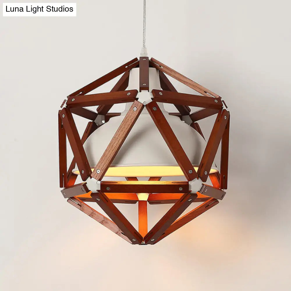 Modern Wood Geometric Kitchen Hanging Light With Metal Shade - 1-Light Pendant In Light/Dark Brown