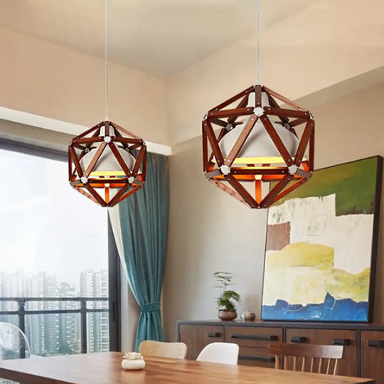 Modern Geometric Wood Bar Hanging Light: 1-Light Ceiling Pendant In Light/Dark Brown With Metal