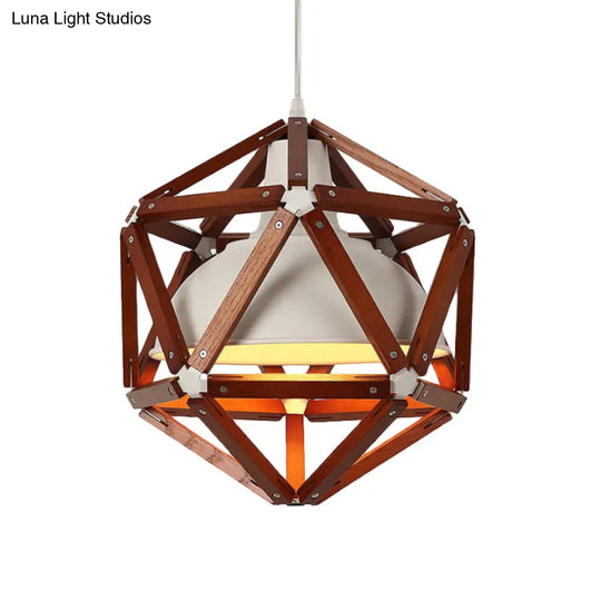 Modern Wood Geometric Kitchen Hanging Light With Metal Shade - 1-Light Pendant In Light/Dark Brown