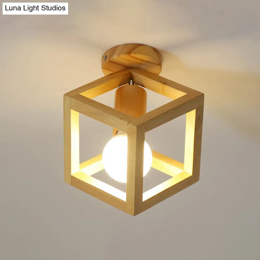 Modern Geometric Wooden Flush-Mount Ceiling Light Fixture - Small Size Wood / Square