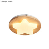 Modern Geometric Wooden Led Bedroom Flush Ceiling Light With Beige Acrylic Shade