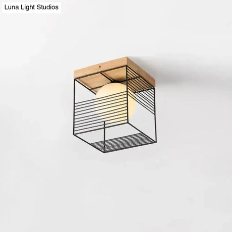 Modern Geometric Wooden Led Bedroom Flush Ceiling Light With Beige Acrylic Shade