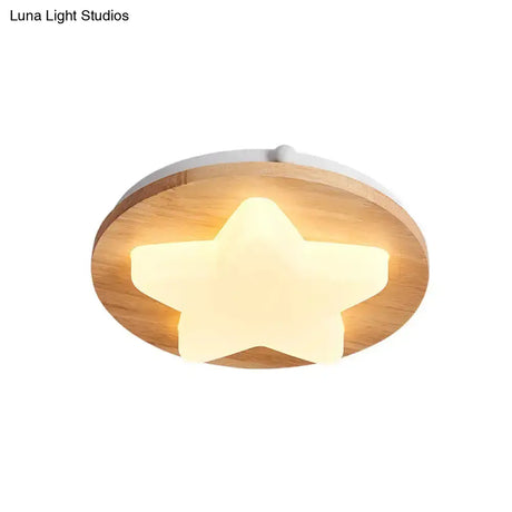 Modern Geometric Wooden Led Bedroom Flush Ceiling Light With Beige Acrylic Shade