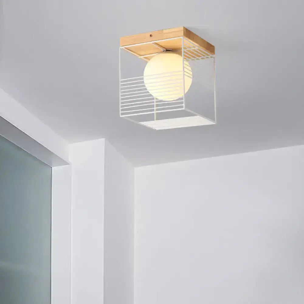 Modern Geometric Wooden Led Bedroom Flush Ceiling Light With Beige Acrylic Shade Wood / White D
