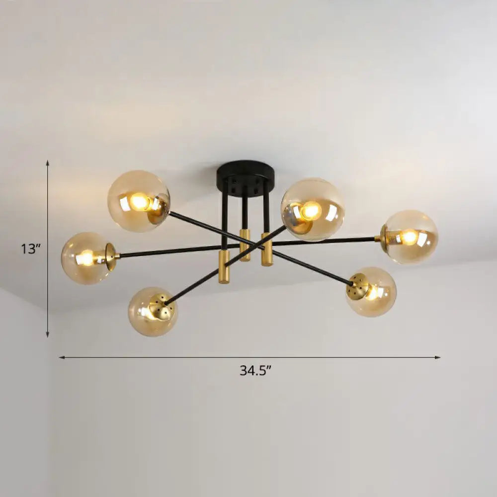 Modern Glass 6-Light Ball Semi-Flush Ceiling Fixture For Bedrooms Cognac