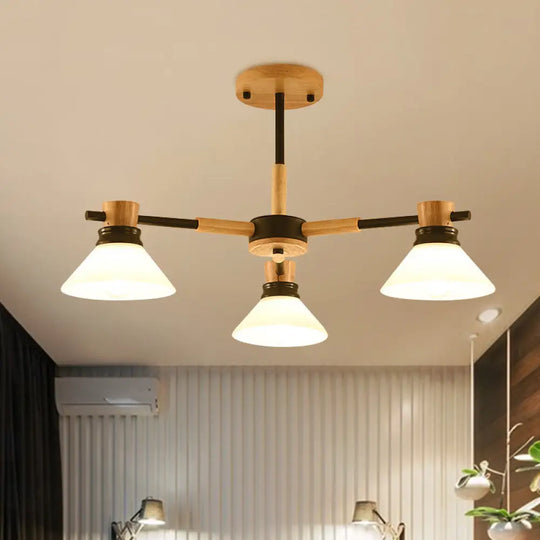Modern Glass And Wood Hanging Pendant Chandelier - Black/Gold Branch Cone Shade For Sitting Room 3