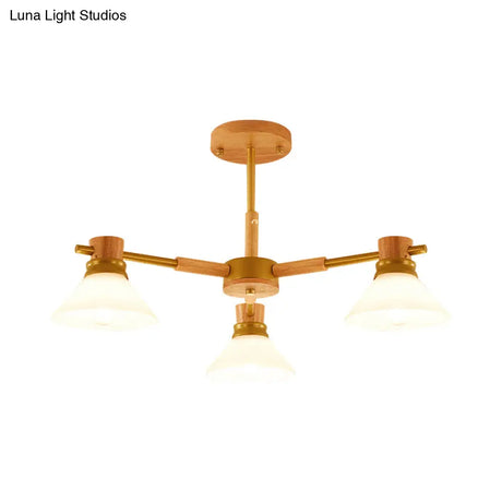 Modern Glass And Wood Hanging Pendant Chandelier - Black/Gold Branch Cone Shade For Sitting Room