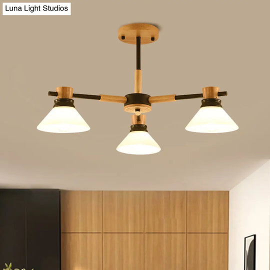 Modern Glass And Wood Hanging Pendant Chandelier - Black/Gold Branch Cone Shade For Sitting Room