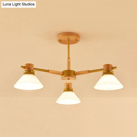 Modern Glass And Wood Hanging Pendant Chandelier - Black/Gold Branch Cone Shade For Sitting Room