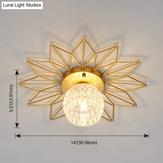 Modern Glass Ceiling Light With Sunflower Iron Decoration For Bedroom Semi Flush Mount Design