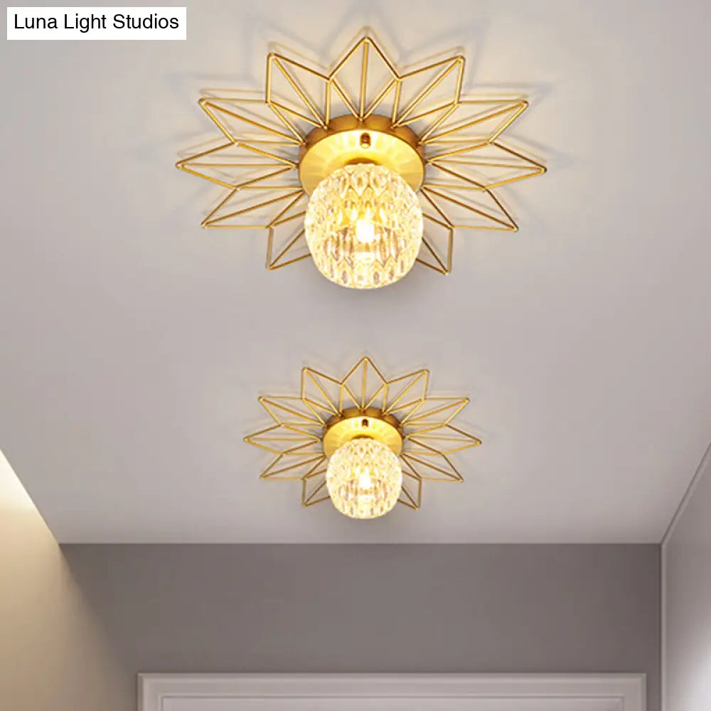 Modern Glass Ceiling Light With Sunflower Iron Decoration For Bedroom Semi Flush Mount Design