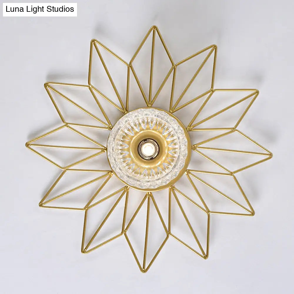 Modern Glass Ceiling Light With Sunflower Iron Decoration For Bedroom Semi Flush Mount Design