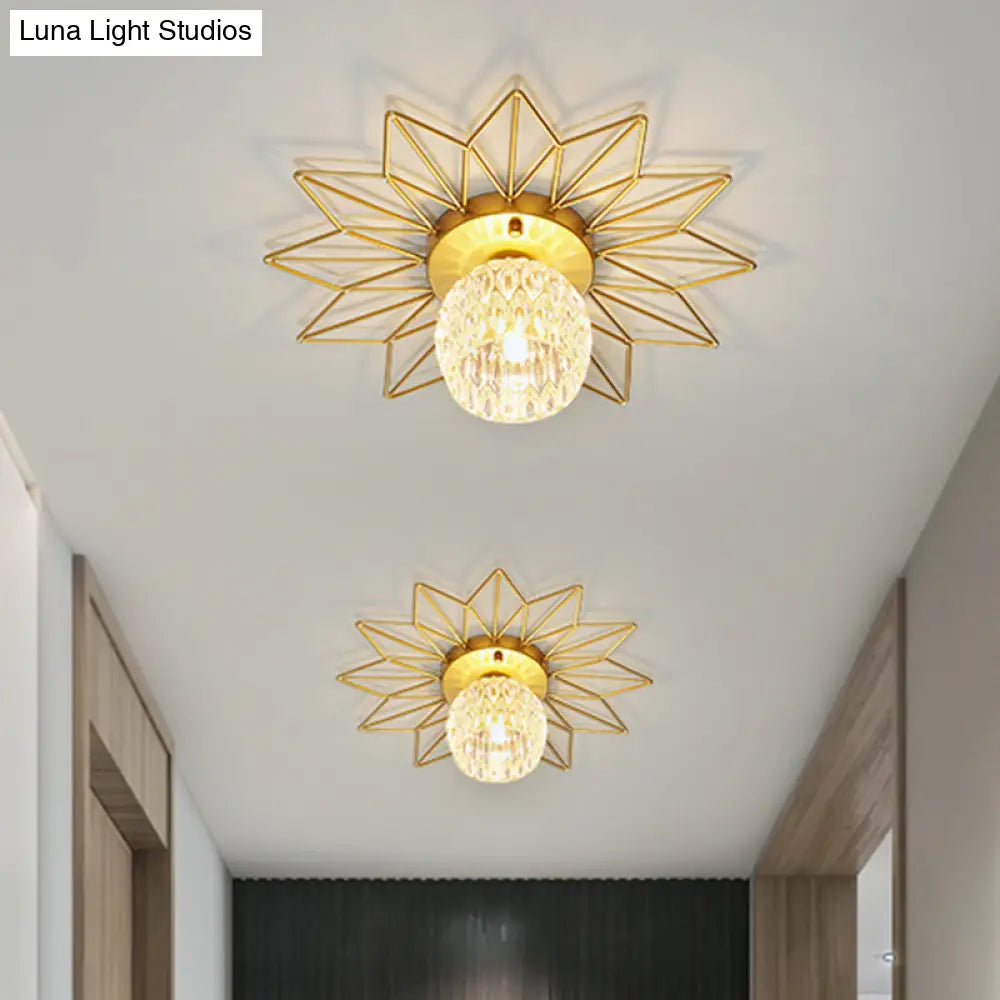 Modern Glass Ceiling Light With Sunflower Iron Decoration For Bedroom Semi Flush Mount Design