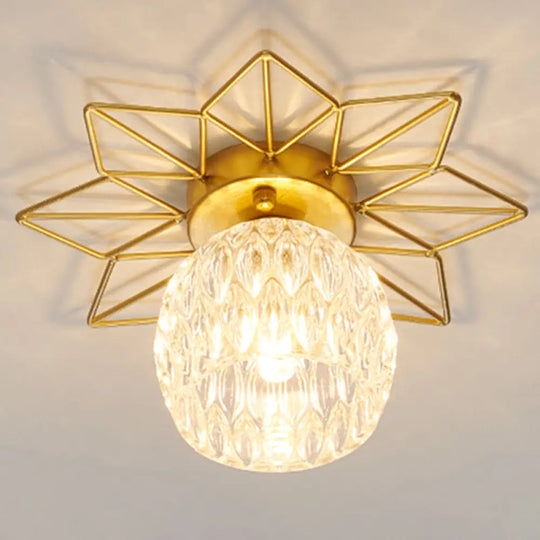 Modern Glass Ceiling Light With Sunflower Iron Decoration For Bedroom Semi Flush Mount Design