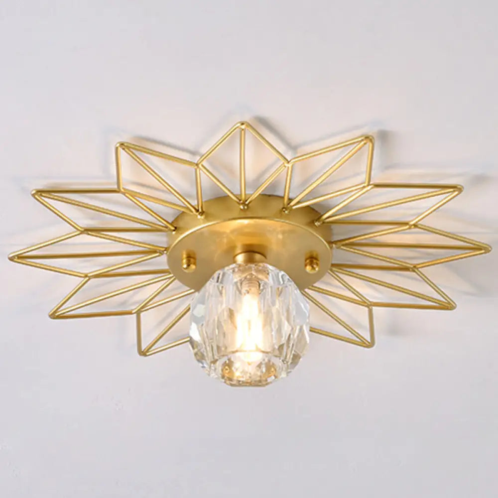 Modern Glass Ceiling Light With Sunflower Iron Decoration For Bedroom Semi Flush Mount Design