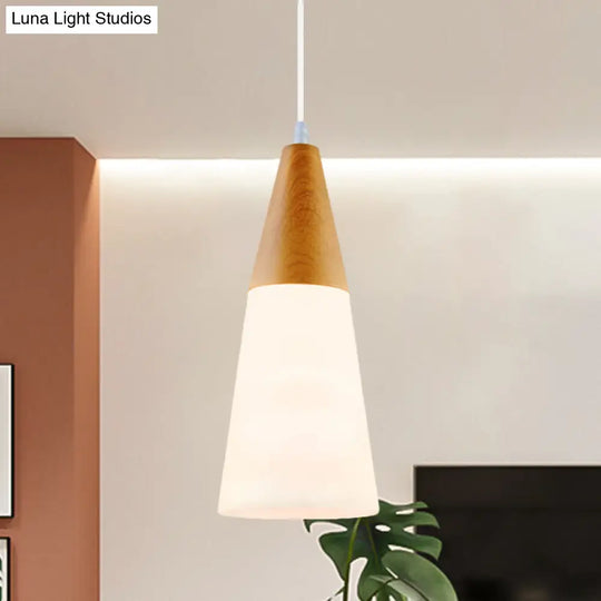 Modern White Glass Cone Pendant Light With Wood Cap - 1-Light Hanging Fixture