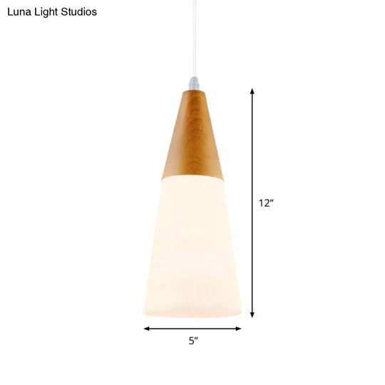 Modern Glass Cone Pendant Light With Wood Cap - White