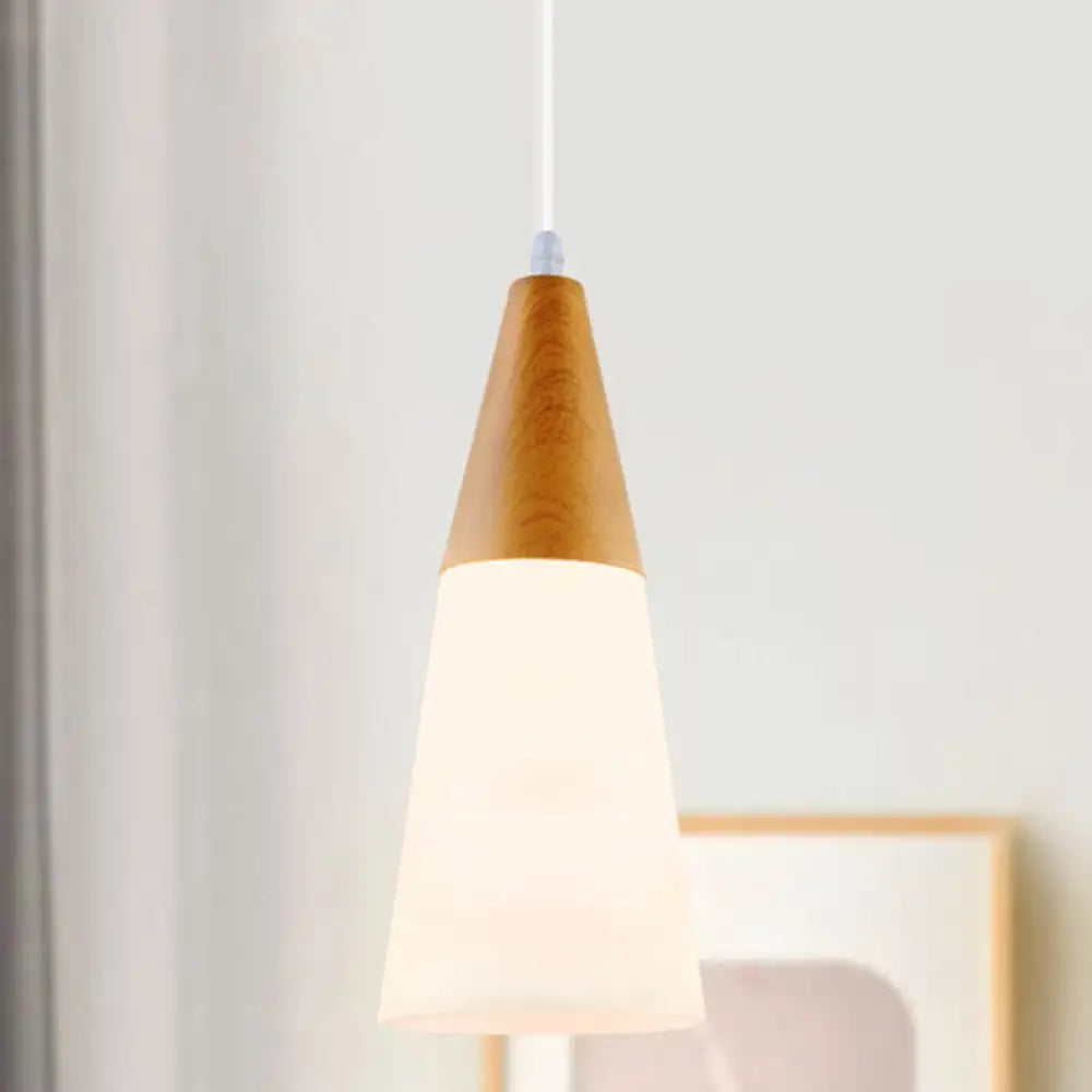 Modern Glass Cone Pendant Light With Wood Cap - White