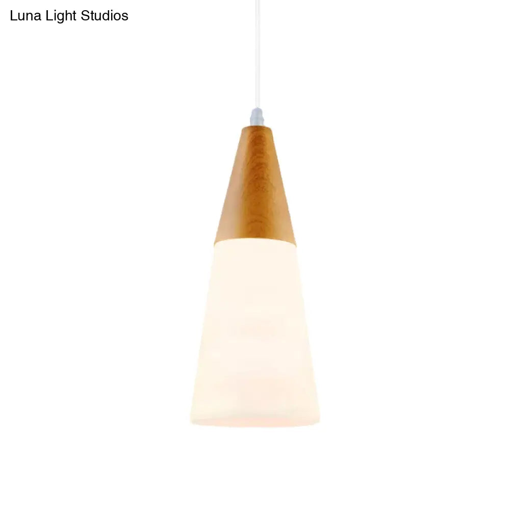 Modern White Glass Cone Pendant Light With Wood Cap - 1-Light Hanging Fixture