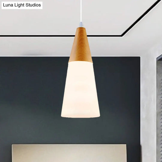 Modern White Glass Cone Pendant Light With Wood Cap - 1-Light Hanging Fixture