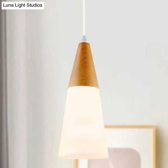 Modern White Glass Cone Pendant Light With Wood Cap - 1-Light Hanging Fixture