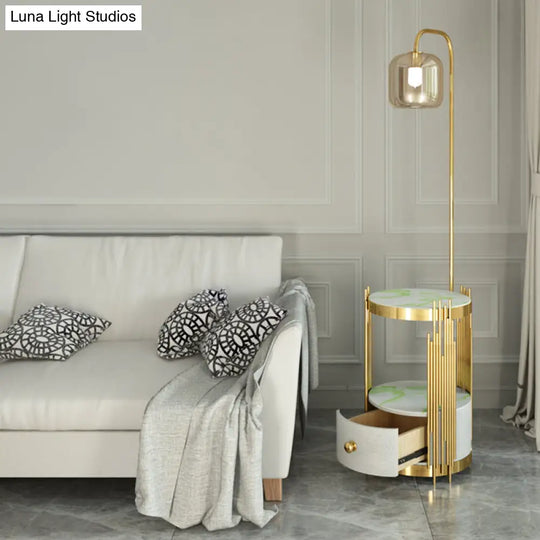 Modern Glass Cylinder Floor Lamp With Table Drawer And Gooseneck Design