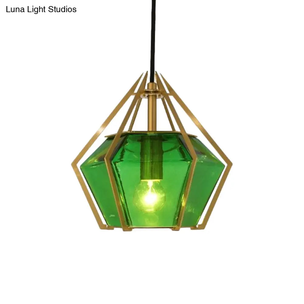 Modern Diamond Pendant Light With Metal Cage And Textured Glass In Green/Clear/White