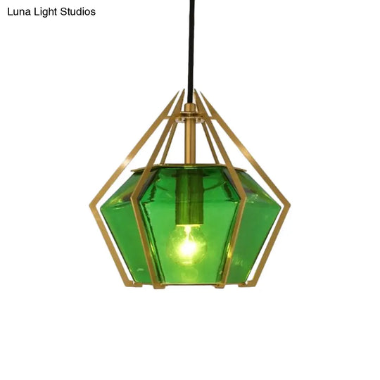 Modern Diamond Pendant Light With Metal Cage And Textured Glass In Green/Clear/White