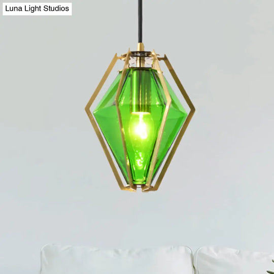 Modern Diamond Pendant Light With Metal Cage And Textured Glass In Green/Clear/White