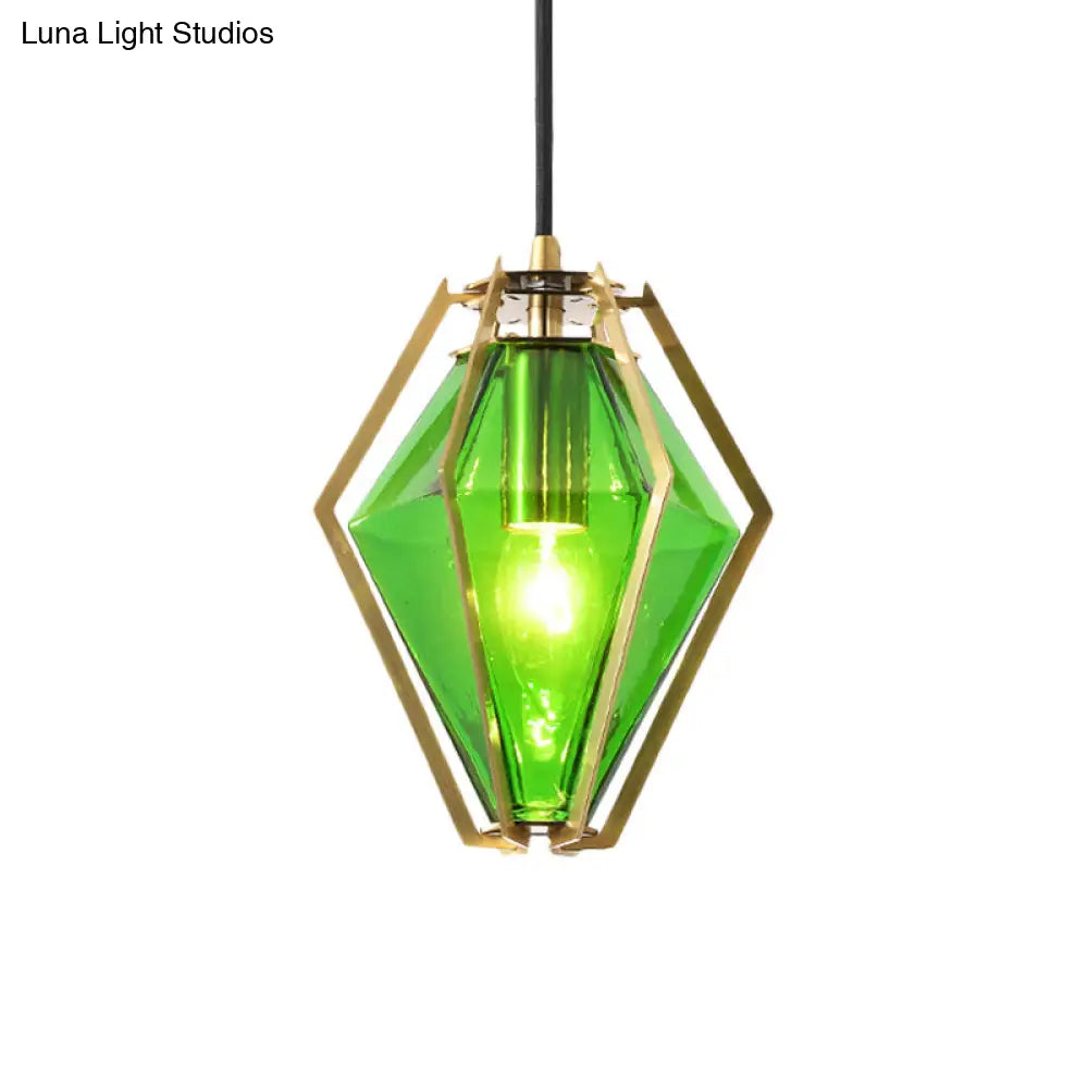 Modern Diamond Pendant Light With Metal Cage And Textured Glass In Green/Clear/White