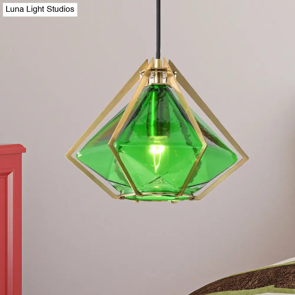 Modern Diamond Pendant Light With Metal Cage And Textured Glass In Green/Clear/White