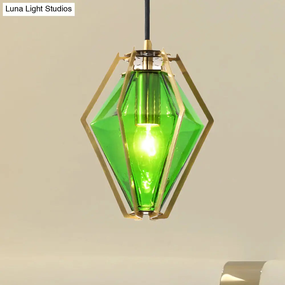 Modern Diamond Pendant Light With Metal Cage And Textured Glass In Green/Clear/White Green / B