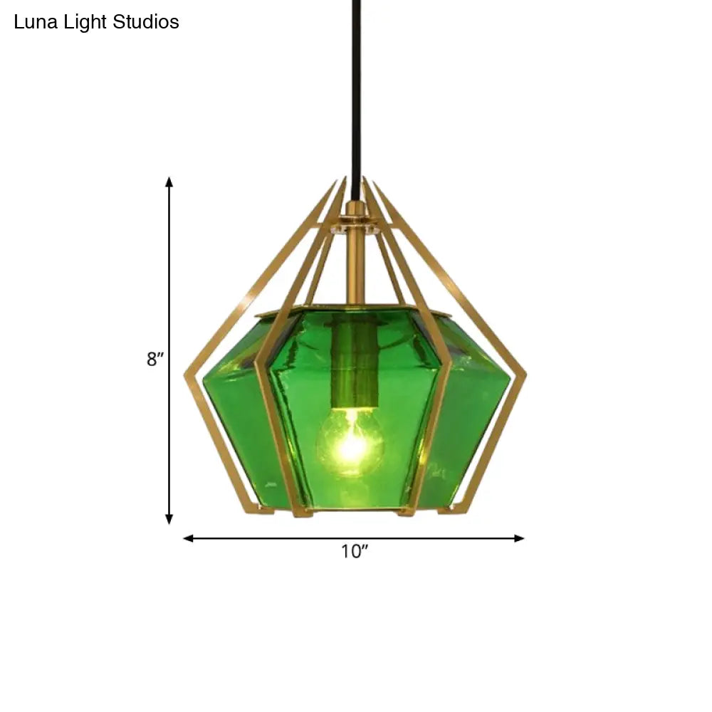 Modern Diamond Pendant Light With Metal Cage And Textured Glass In Green/Clear/White