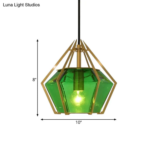 Modern Diamond Pendant Light With Metal Cage And Textured Glass In Green/Clear/White