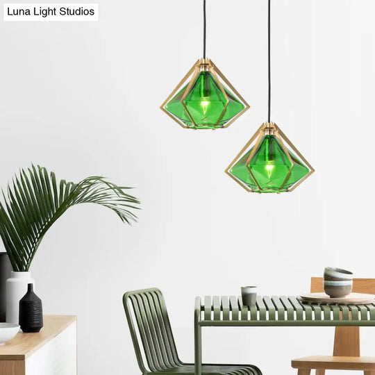 Modern Diamond Pendant Light With Metal Cage And Textured Glass In Green/Clear/White